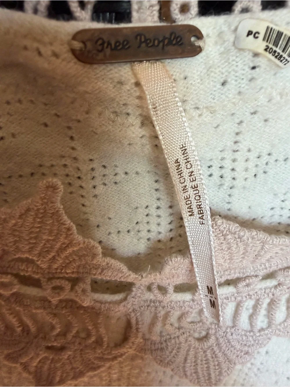 Free People Cream Top with Blush Crochet Yoke